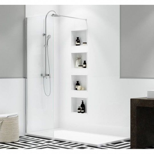 Panel de ducha fijo con perfil y accesorios en Plata alto Brillo. Vidrio 8mm. Antical.